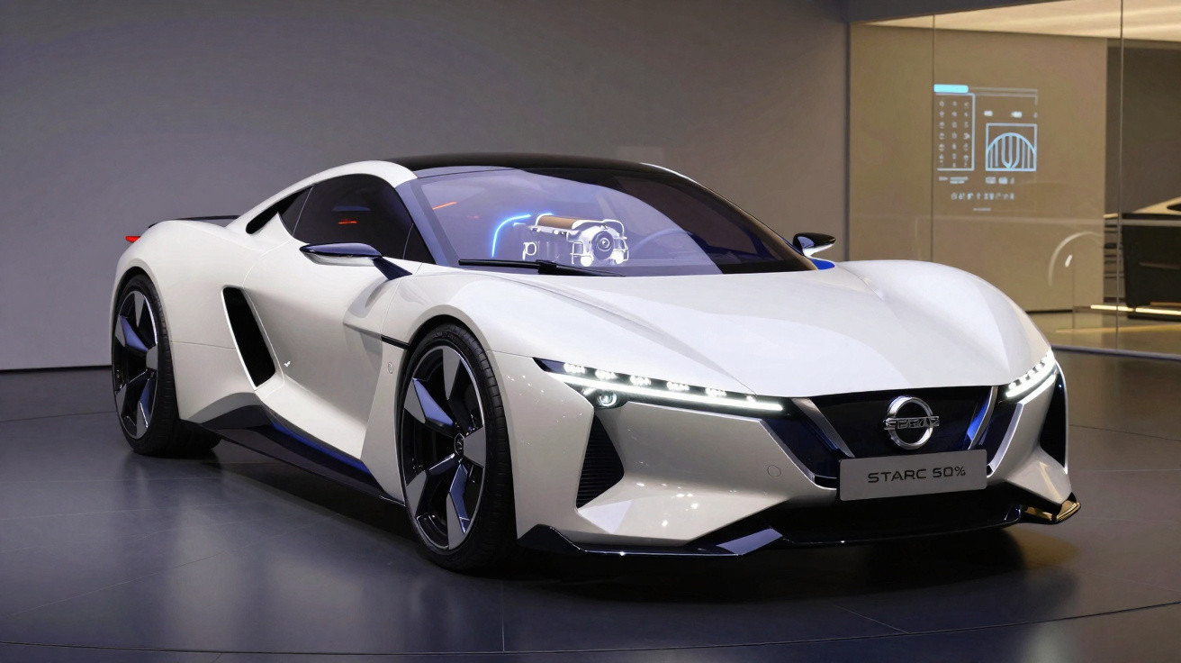 Weißer Nissan Sportwagen mit futuristischem Design und LED-Scheinwerfern in einer Ausstellungshalle.