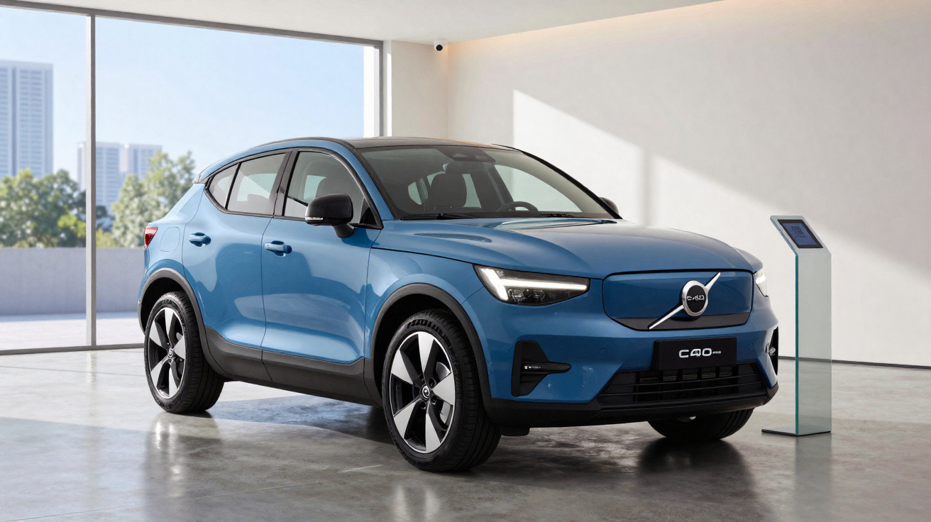 Blauer Volvo C40 Recharge Elektro-SUV in modernem, hellem Ausstellungsraum mit Glasfront.