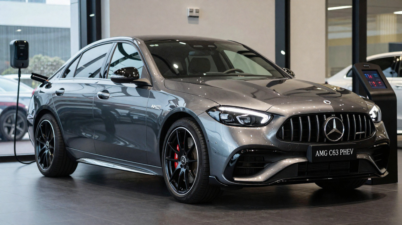 Grauer Mercedes AMG C63 PHEV steht in einem Showroom neben einer Ladestation für Elektrofahrzeuge.