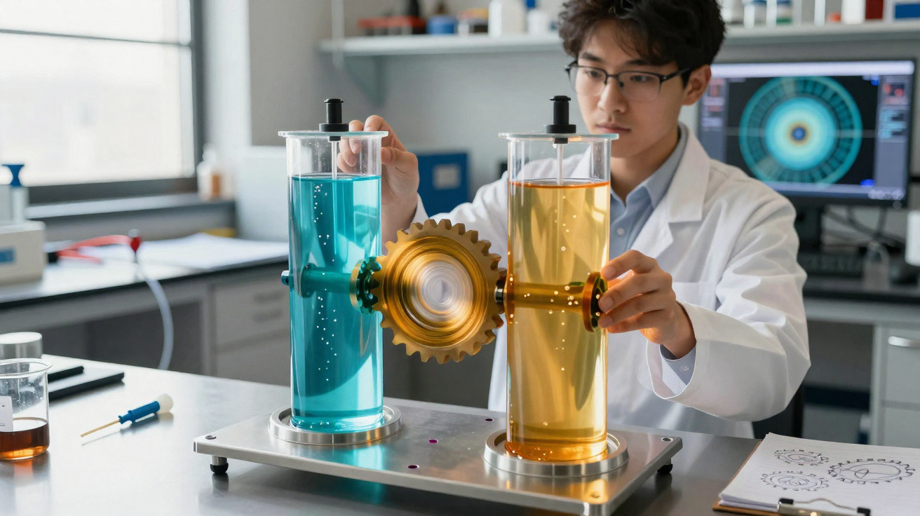 Wissenschaftler im Labor untersucht Verbindung zwischen zwei Flüssigkeiten mit Zahnrädern in transparenten Behältern.