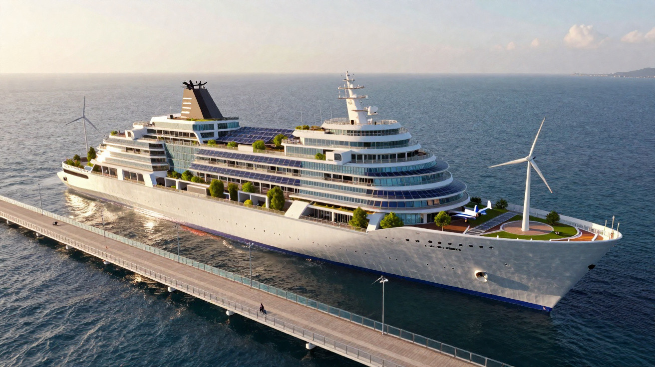 Modernes Kreuzfahrtschiff mit Windkraftanlagen und grünen Pflanzen, neben einem Steg auf offenem Meer.