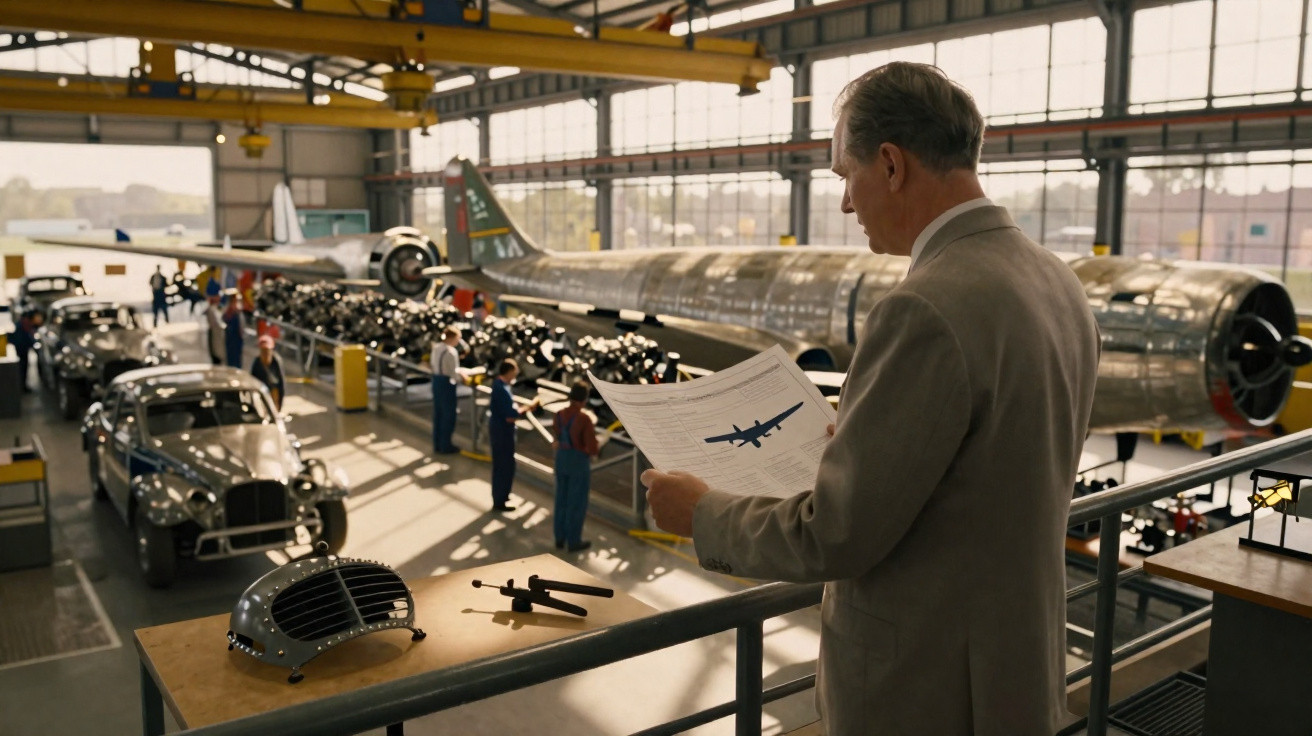 Mann im Anzug betrachtet Pläne in Halle mit Flugzeugbau, Motoren und Oldtimern im Hintergrund.