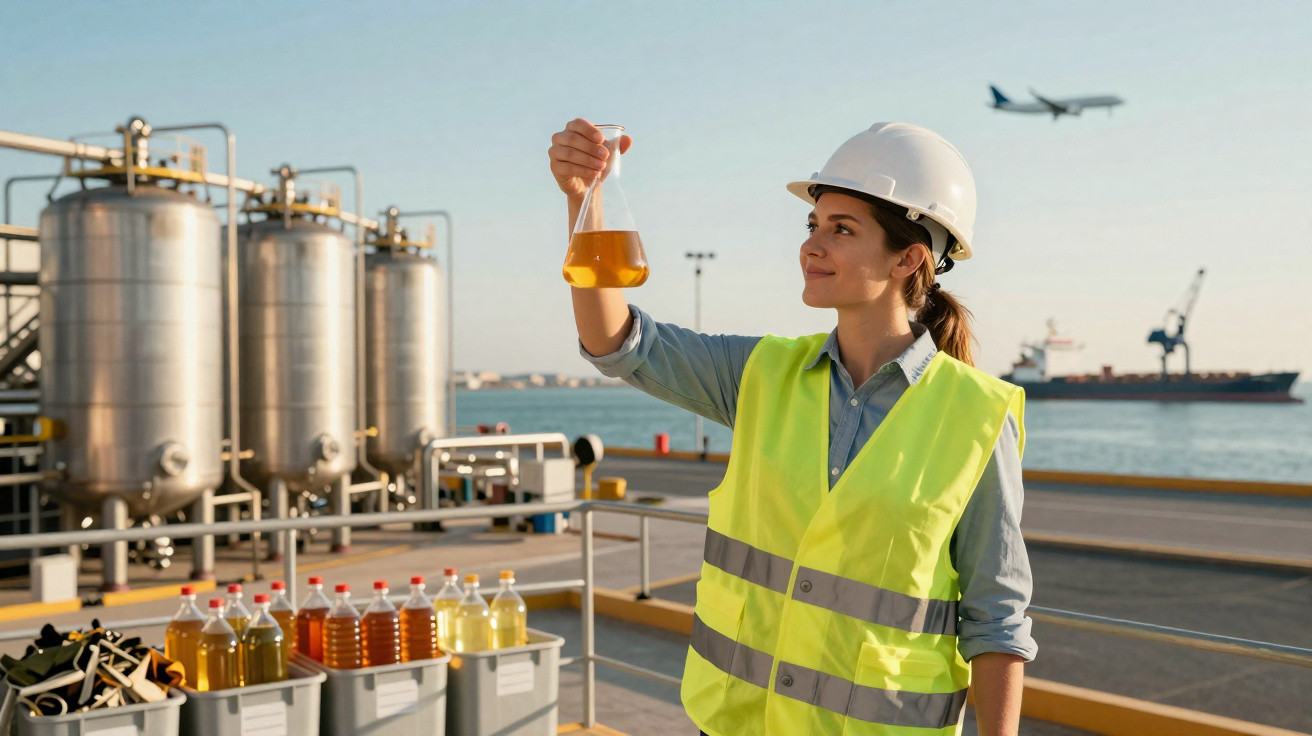 Frau mit Schutzhelm und Warnweste untersucht Flüssigkeit in Laborflasche an Industriehafen mit Tankanlagen.