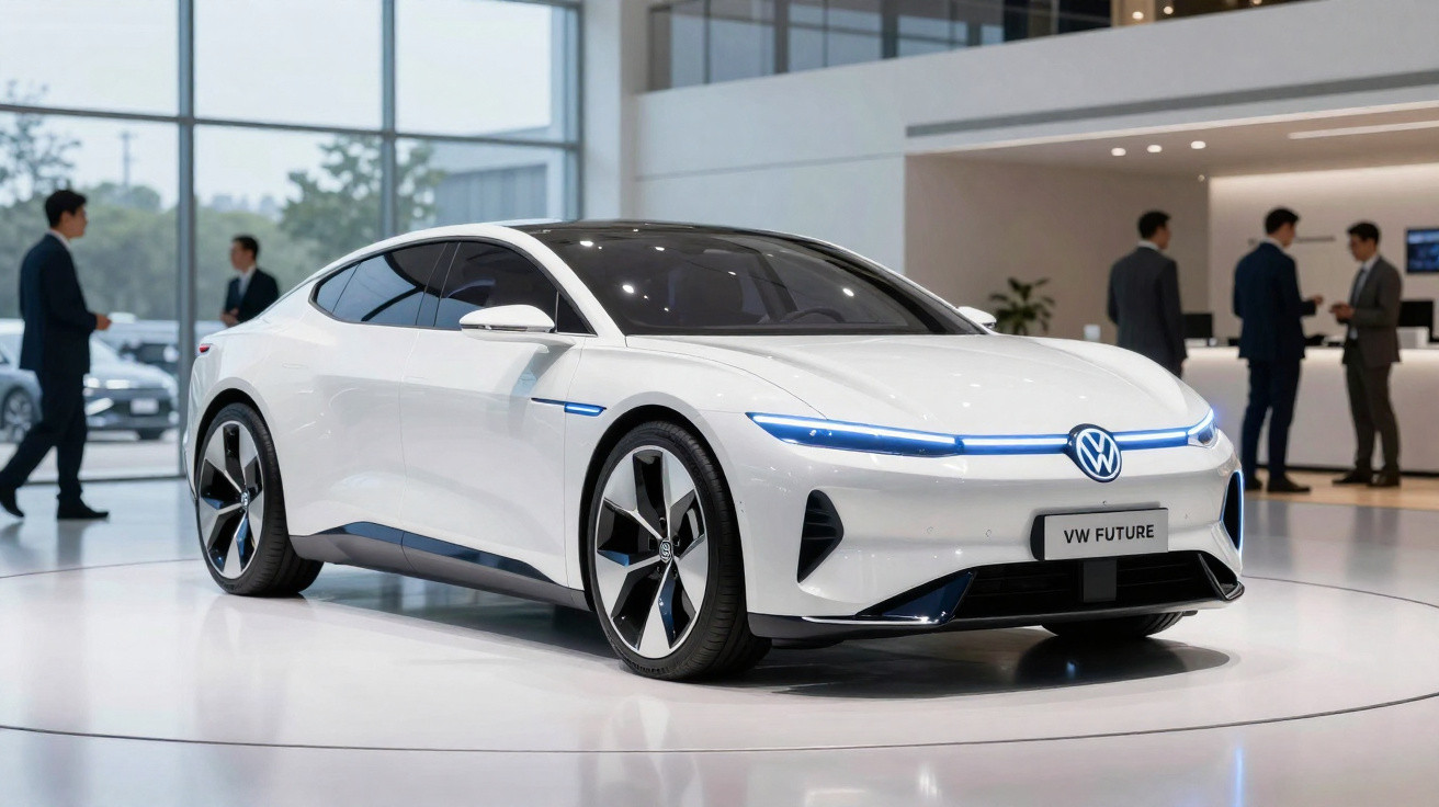 Weißes Volkswagen Elektroauto Modell VW Future in modernem Showroom mit vier Personen im Hintergrund.
