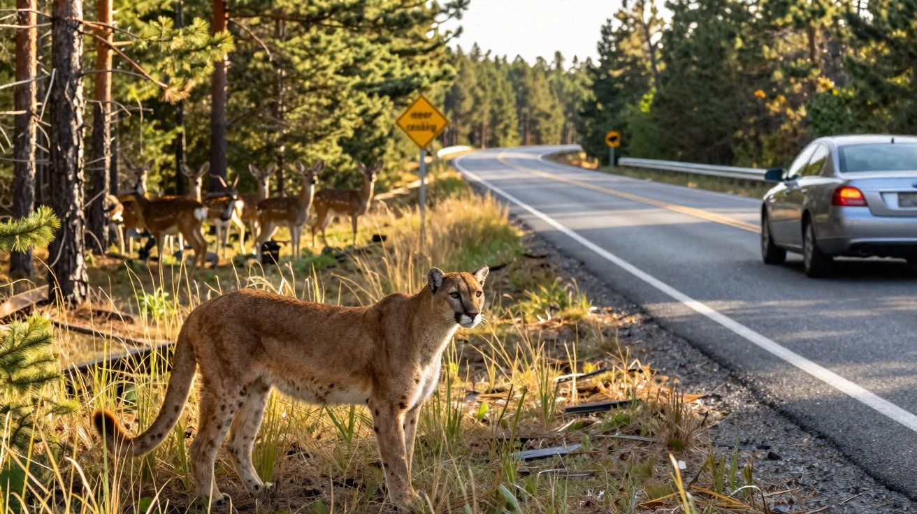 Puma steht am Waldrand neben Straße, Auto fährt vorbei, mehrere Rehe im Hintergrund neben Warnschild.