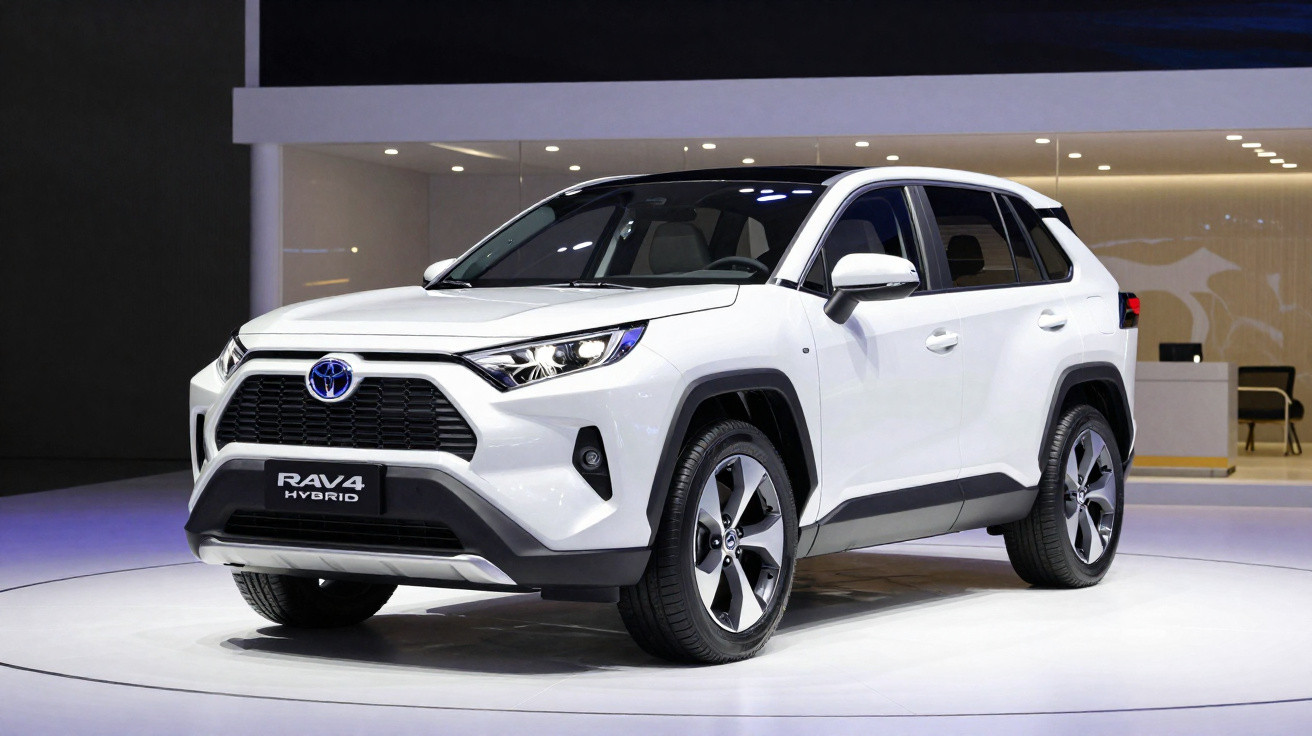 Weißer Toyota RAV4 Hybrid SUV auf einer Messe, frontal leicht seitlich aufgenommen vor einer modernen Kulisse.