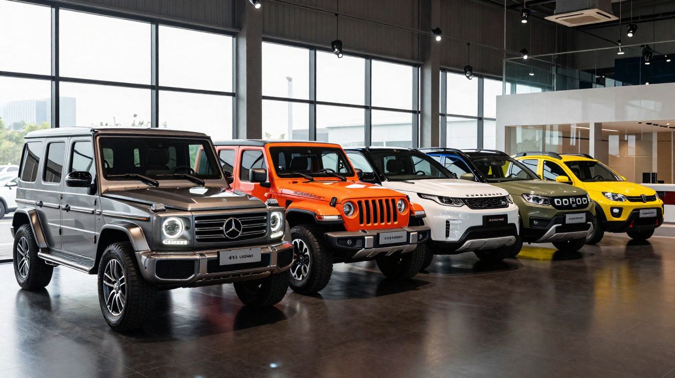 Fünf verschiedene Geländewagen in einer Autohalle, aufgereiht in Farben Grau, Orange, Weiß, Grün und Gelb.