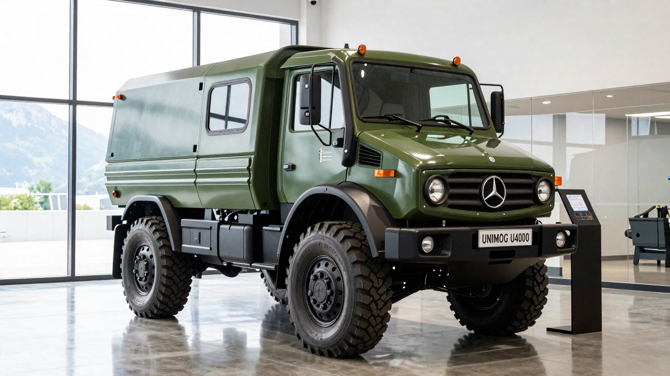 Grüner Mercedes Unimog U4000 Geländewagen in moderner Ausstellungshalle mit großen Fenstern.