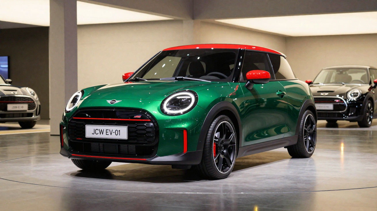 Grüner Mini Cooper mit rotem Dach und Details auf einer Ausstellung, Modell JCW EV-01.