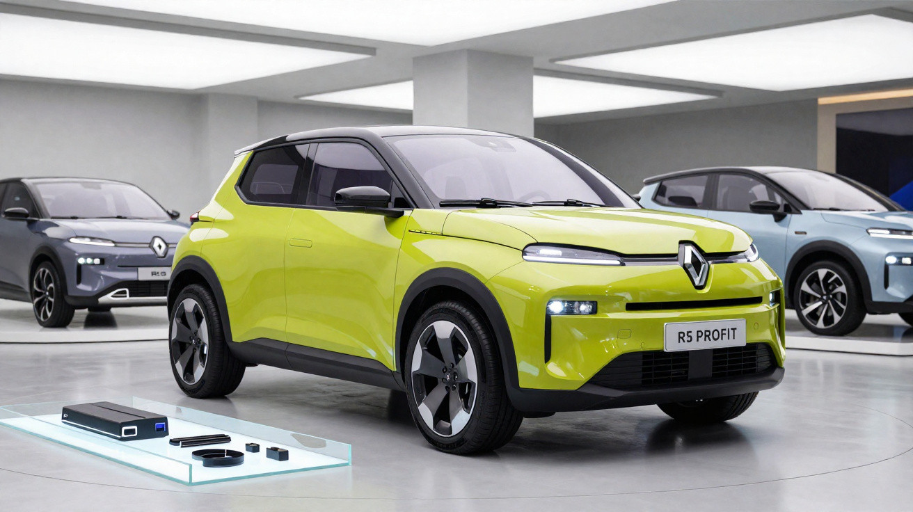 Vier moderne Elektroautos von Renault in einem hellen Ausstellungsraum mit klarer Beleuchtung.