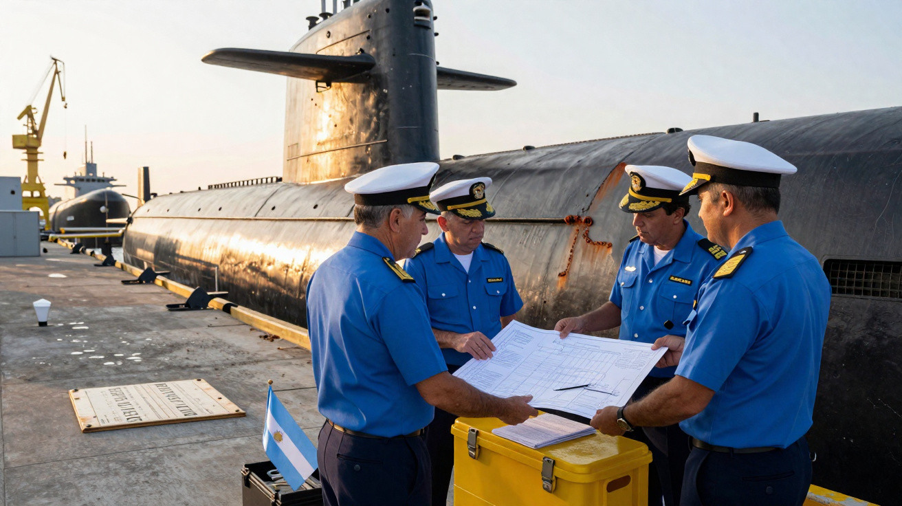Vier Marineoffiziere in blauen Uniformen prüfen Pläne neben einem U-Boot am Hafen bei Sonnenuntergang.