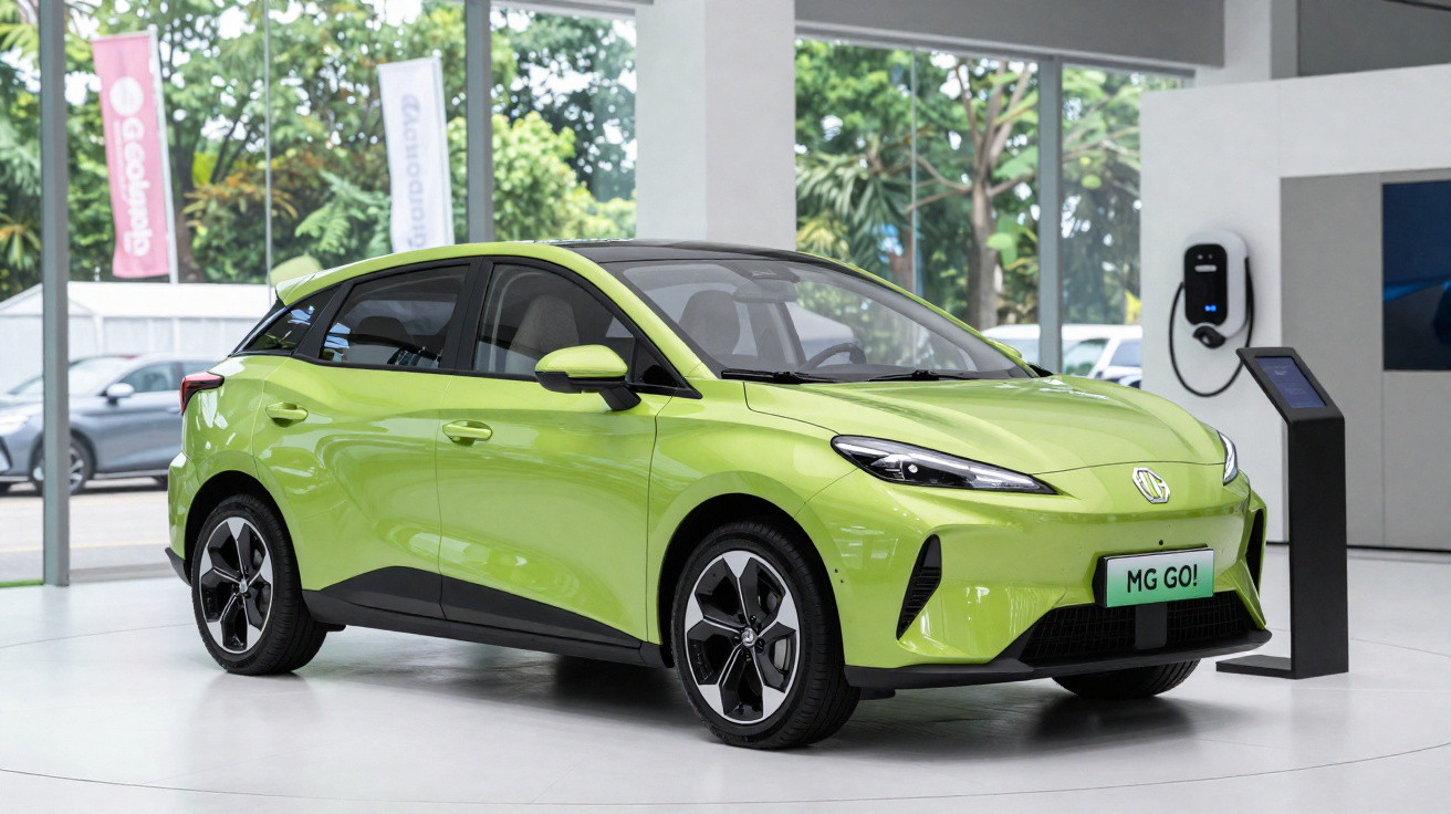 Hellgrüner MG Elektro-Kompaktwagen steht in modernem Showroom mit Ladestation im Hintergrund.