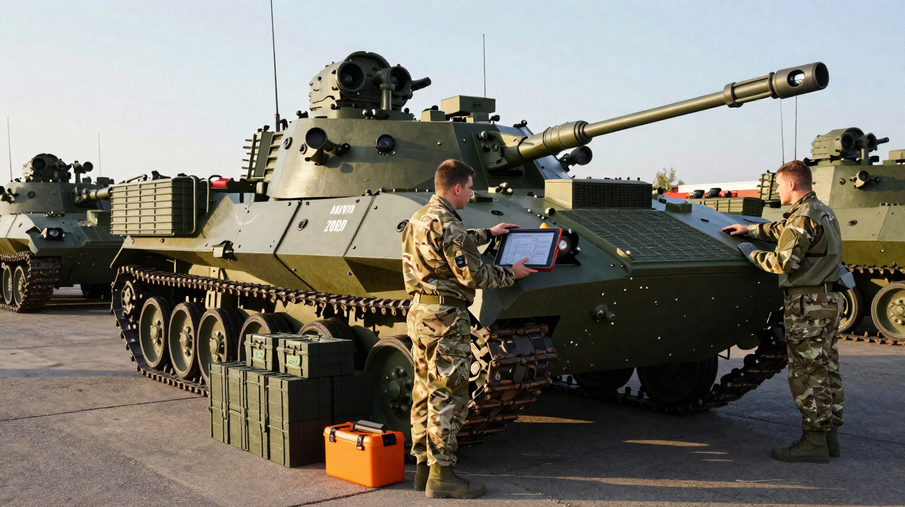 Zwei Soldaten in Tarnuniform prüfen einen grünen Militärpanzer mit Kanone auf befestigtem Übungsgelände.