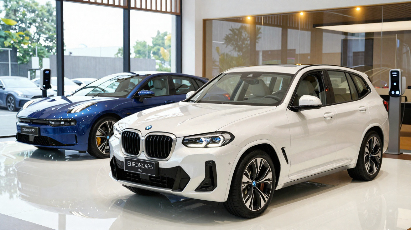 Weißer BMW SUV und blauer Elektroauto-Neuwagen in modernem Autohaus mit großen Fenstern.