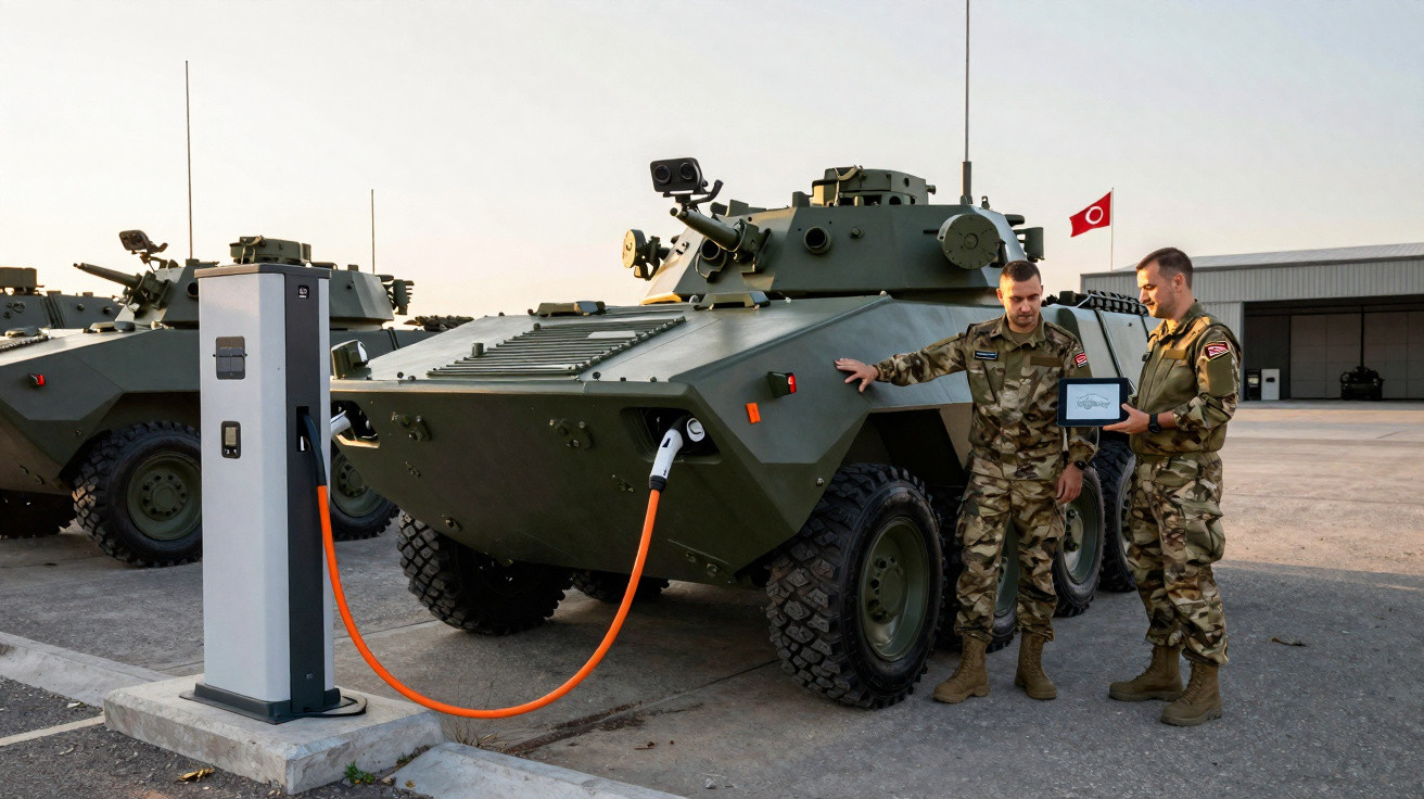 Zwei Soldaten neben einem elektrisch aufladbaren gepanzerten Fahrzeug an einer Ladestation mit türkischer Flagge.