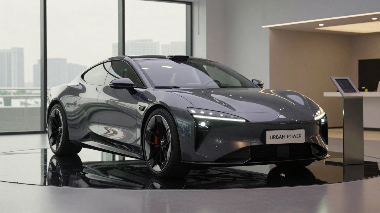 Sportliches Elektroauto in dunklem Grau auf einer drehbaren Präsentationsplattform in modernem Showroom