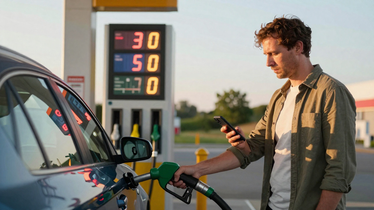 Mann tankt Auto an Zapfsäule und schaut gleichzeitig auf sein Smartphone an einer Tankstelle.