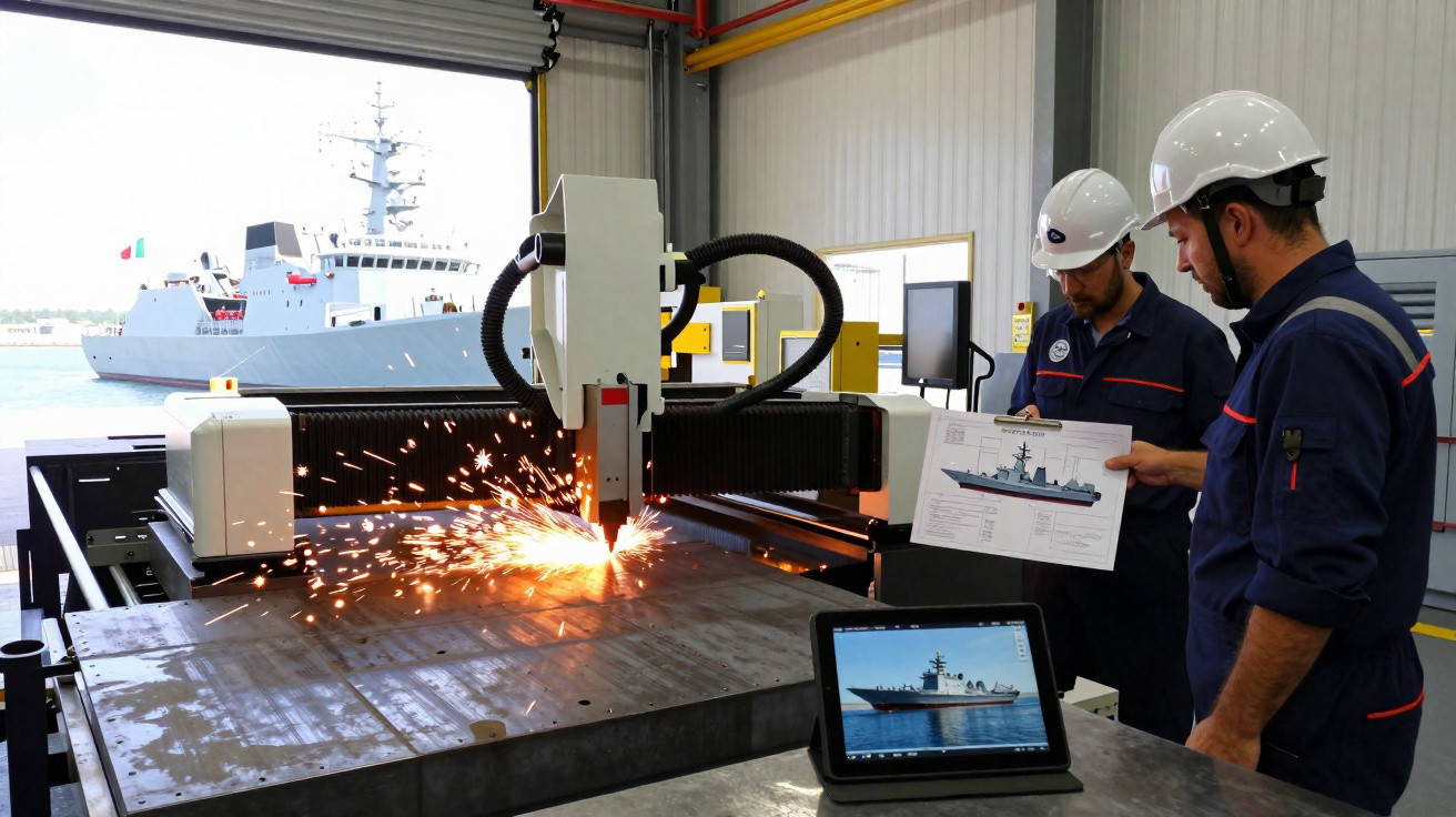 Zwei Männer mit Schutzhelmen arbeiten an einer Plasmabrennanlage, im Hintergrund ein Kriegsschiff im Hafen.