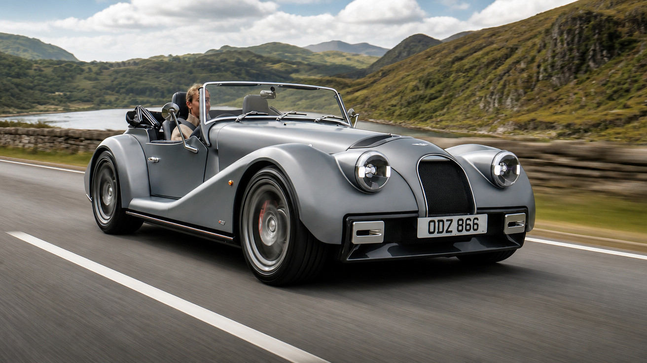 Silberner Oldtimer-Cabrio fährt auf Landstraße, umgeben von Bergen und bewölktem Himmel.