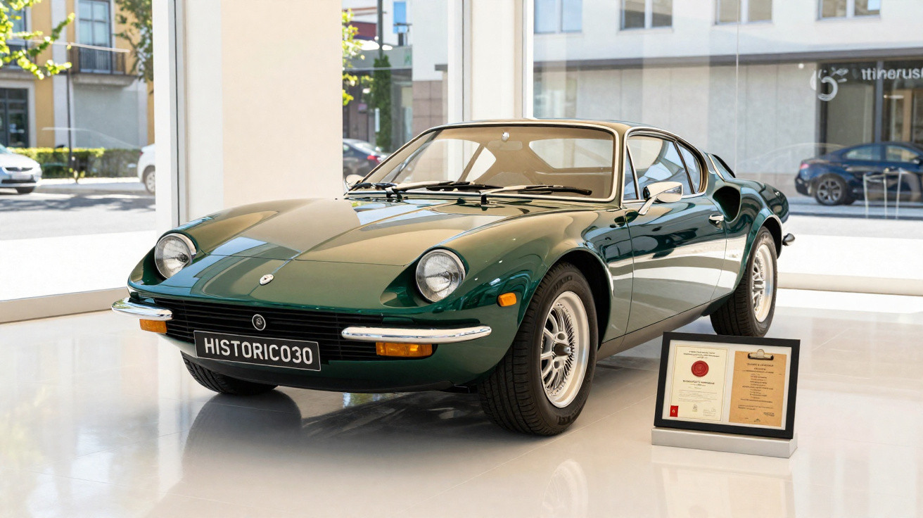 Grünes Oldtimer-Sportcoupé in Ausstellungsraum mit Info-Tafel auf weißem Boden vor großen Fenstern.