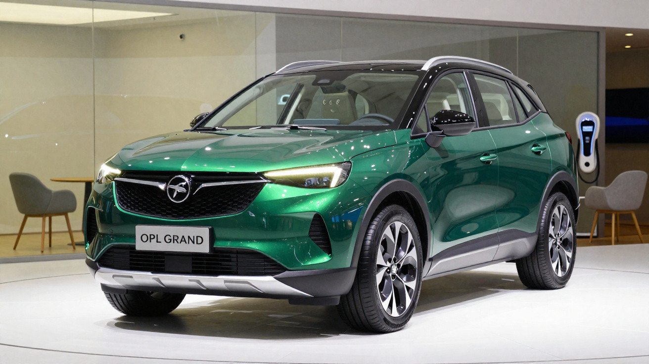 Grüner Opel Grand SUV, stehend in Innenraum mit moderner Lounge und Ladestation im Hintergrund.