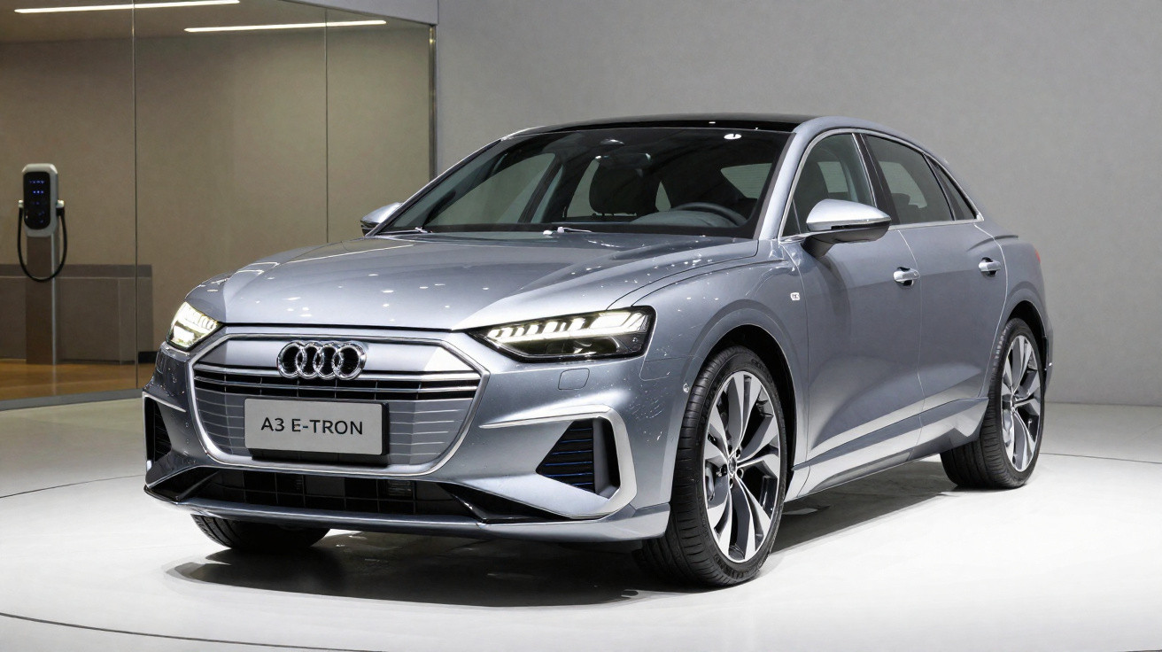 Silberner Audi A3 E-Tron Elektroauto auf weißem Ausstellungsboden mit Ladegerät im Hintergrund.
