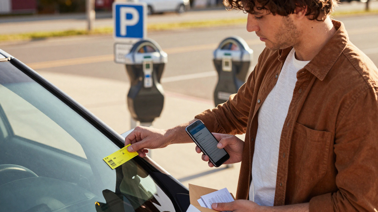 Junger Mann steckt Parkticket an Autoscheibe und hält Smartphone, im Hintergrund Parkuhren und Parkplatzschild.