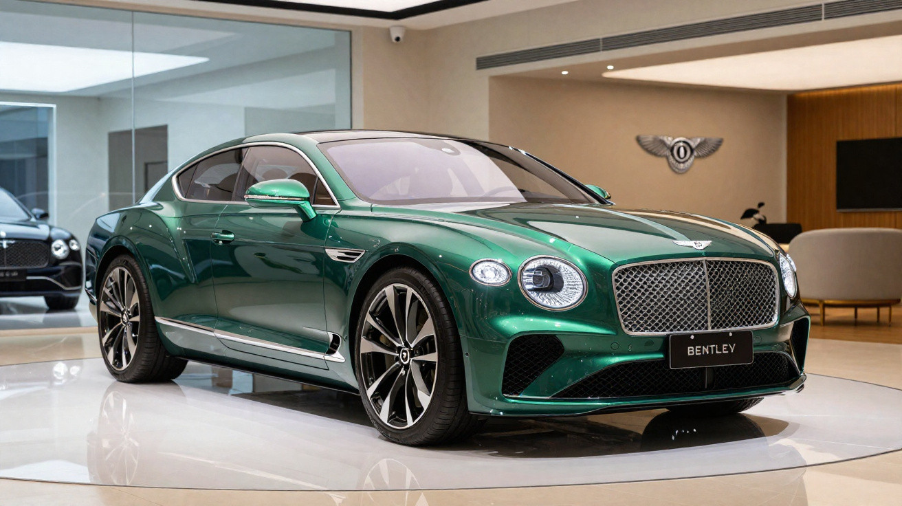 Grüner Bentley Luxus-Sportwagen in einem eleganten Showroom mit Bentley-Logo an der Wand.
