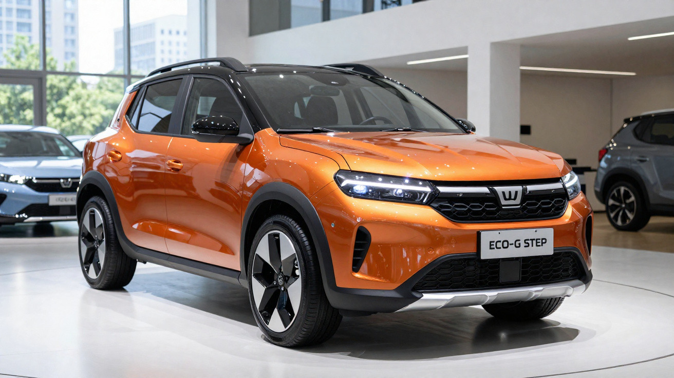 Oranger kompakter SUV mit schwarzem Dach in einem modernen Autohaus beleuchtet.