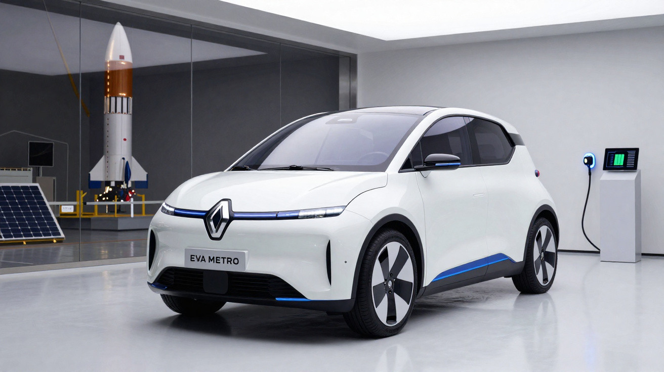Weißer elektrischer Renault EVA METRO in modernem Raum mit Ladestation und Raketenmodell im Hintergrund.