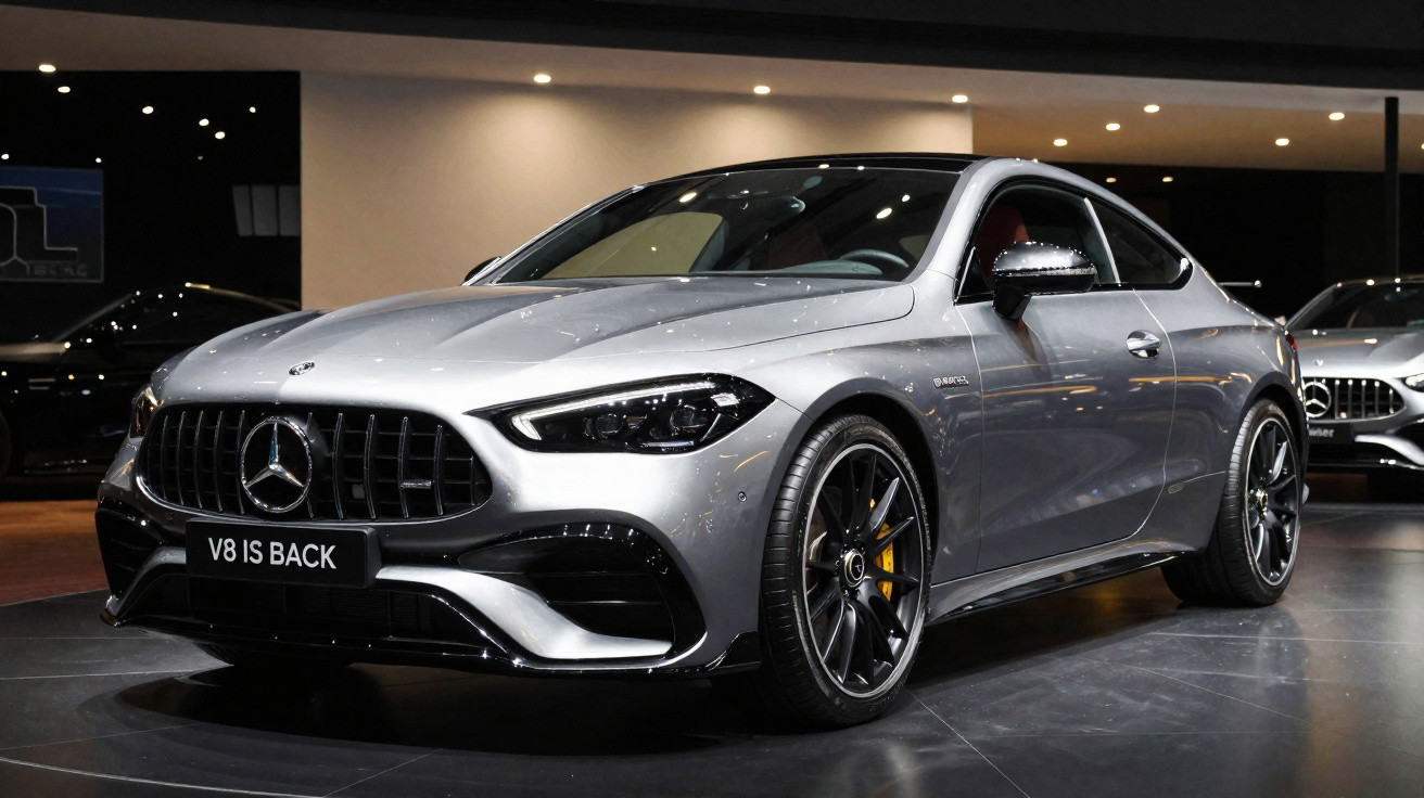 Silberner Mercedes-AMG Sportwagen mit V8-Motor, ausgestellt in einer Autohalle.