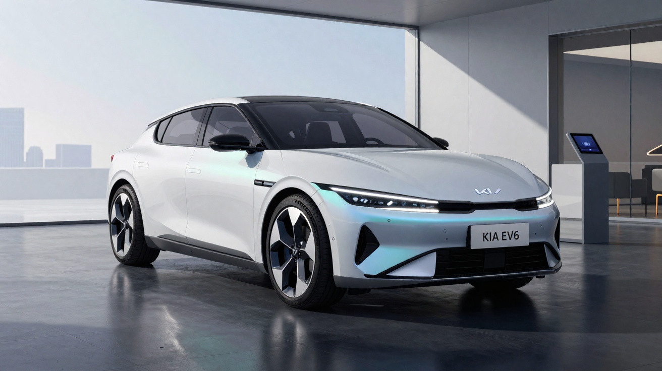 Weißes Kia EV6 Elektroauto in modern gestaltetem Innenraum mit großen Fenstern und minimalistischem Design.