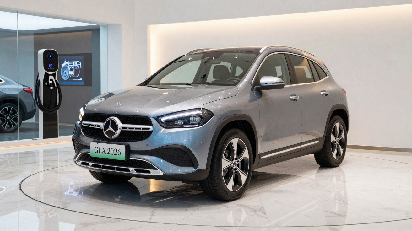 Silberner Mercedes GLA 2026 SUV im Showroom neben einer Ladestation für Elektrofahrzeuge.