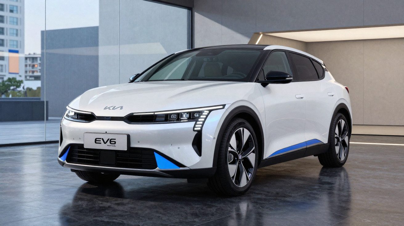 Weißer Kia EV6 Elektro-SUV in modernem Innenraum mit großen Fenstern und städtischer Kulisse.