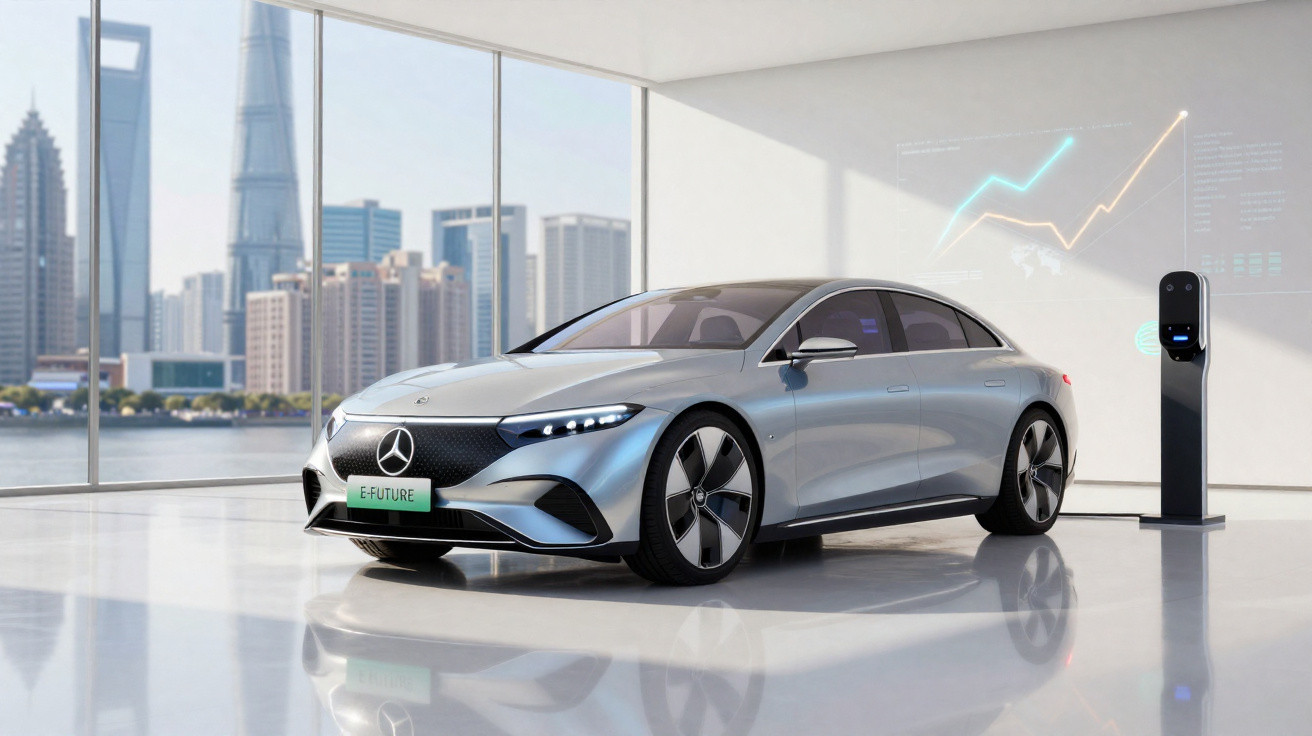 Silberner Mercedes-Elektrowagen steht in modernem Raum neben Ladestation mit Stadtpanorama im Hintergrund.