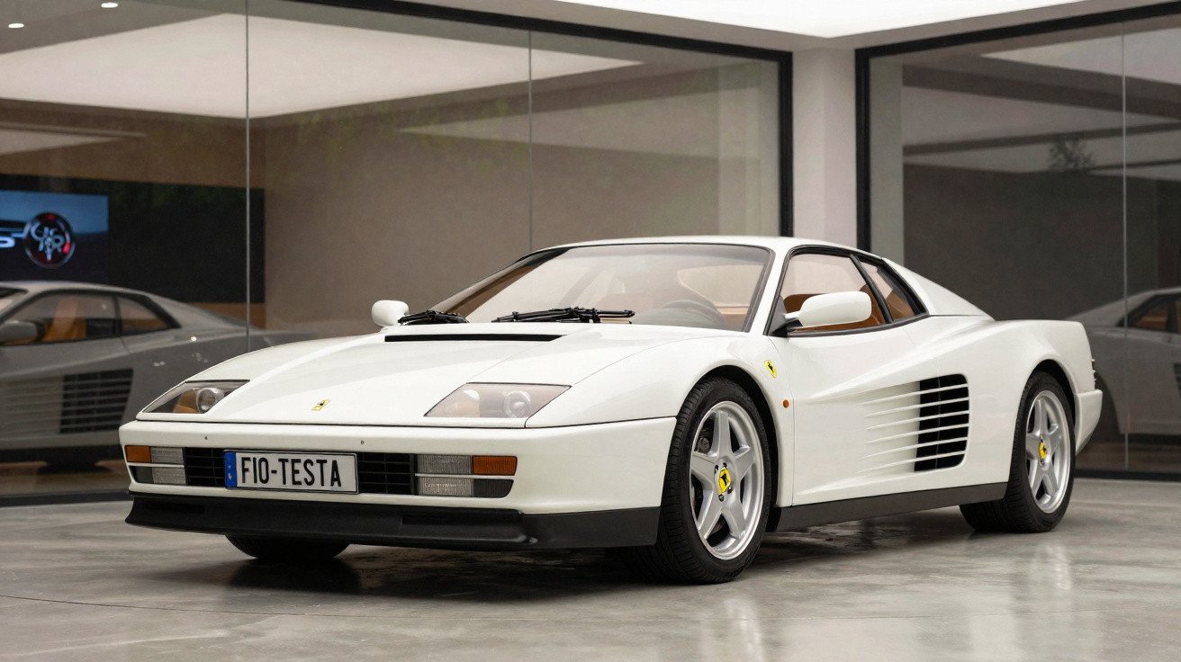 Weißer Ferrari Testarossa Sportwagen in moderner Garage mit Glaswänden und grauem Boden.