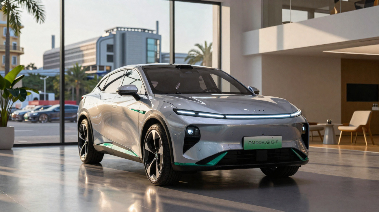 Silberner Elektro-SUV Omoda 5 Alpha in modernem Showroom mit großen Fenstern und Tageslicht.