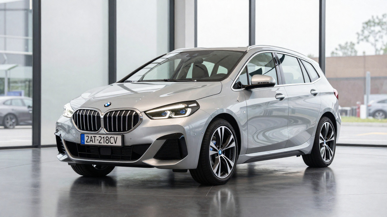 Silberner BMW 1er Kombi mit LED-Scheinwerfern in modernem Gebäude, frontal leicht von rechts fotografiert.