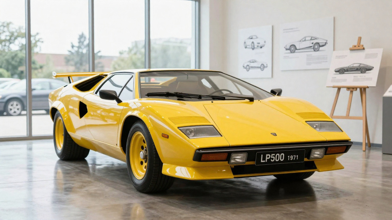Gelber Lamborghini Countach LP500 von 1971 in einem modernen Museum mit Autodesign-Skizzen im Hintergrund.