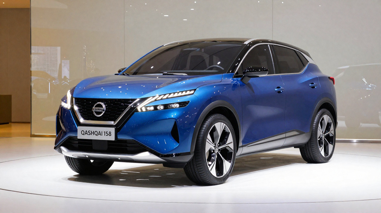 Blaues Nissan Qashqai SUV, stehend auf Ausstellungsfläche mit modernen Scheinwerfern und glänzendem Lack.