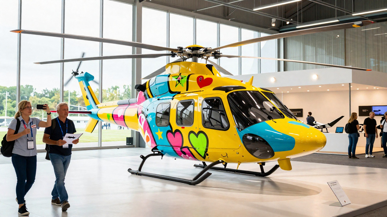 Bunter Hubschrauber mit Herz- und Sternmotiven in moderner Ausstellungshalle mit Besucherinnen und Besuchern.