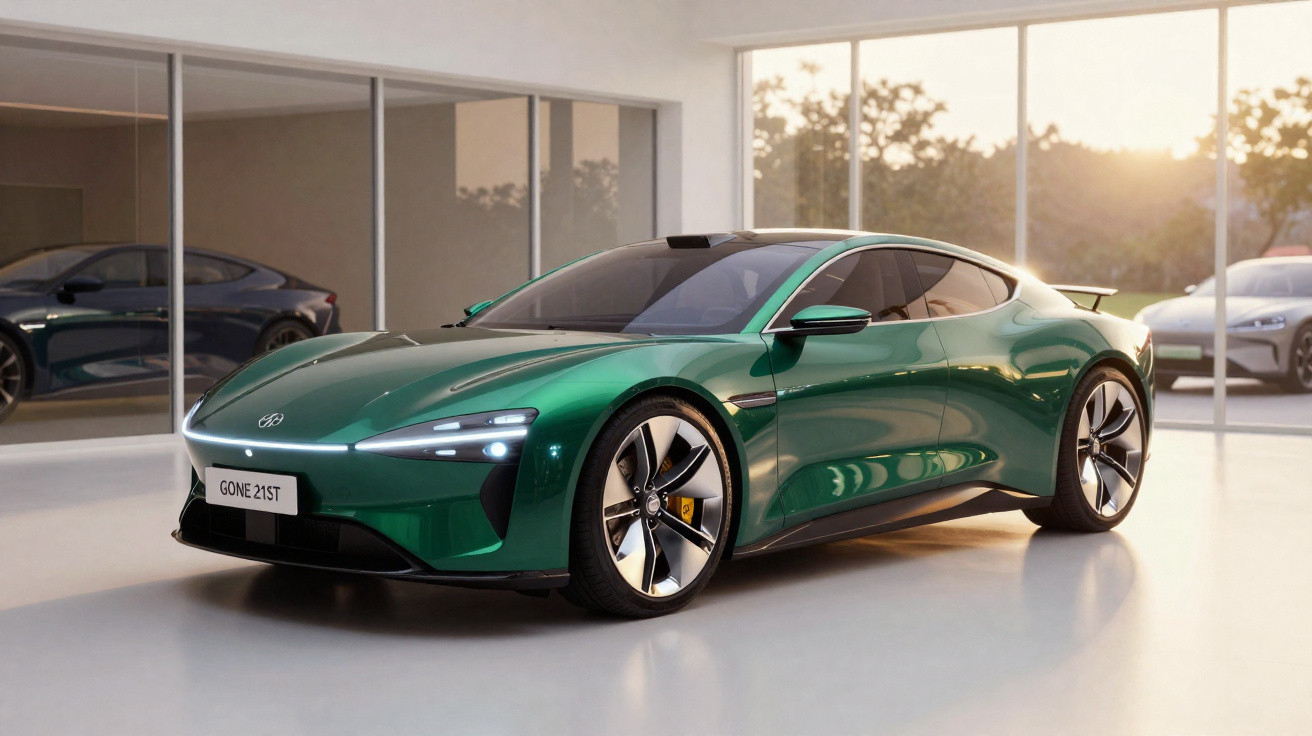 Grünes futuristisches Sportwagenmodell in modernem Showroom mit großen Fenstern und Sonnenlicht im Hintergrund.