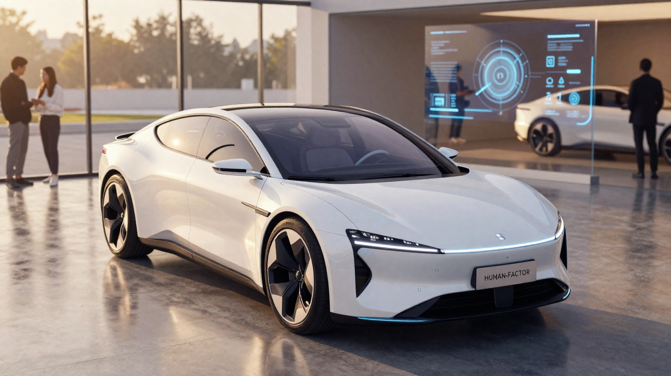 Weißes, futuristisches Elektroauto in modernem Showroom mit großen Fenstern und digitalen Anzeigen.