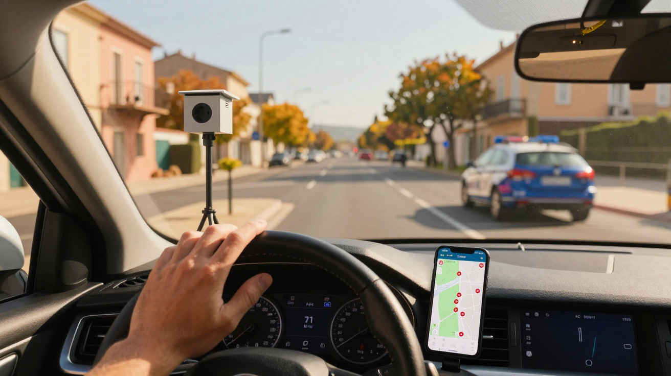 Blick aus dem Auto auf eine Straße mit einer Hand am Lenkrad, einem Smartphone mit Navigations-App und einer Kamera im Auto.