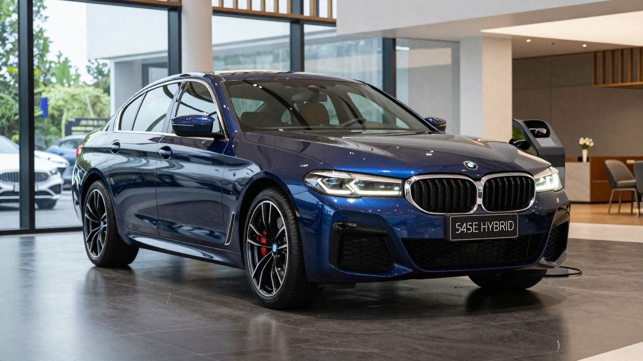 Blauer BMW 545e Hybrid Limousine im Showroom mit offenem Hintertür und LED-Scheinwerfern.