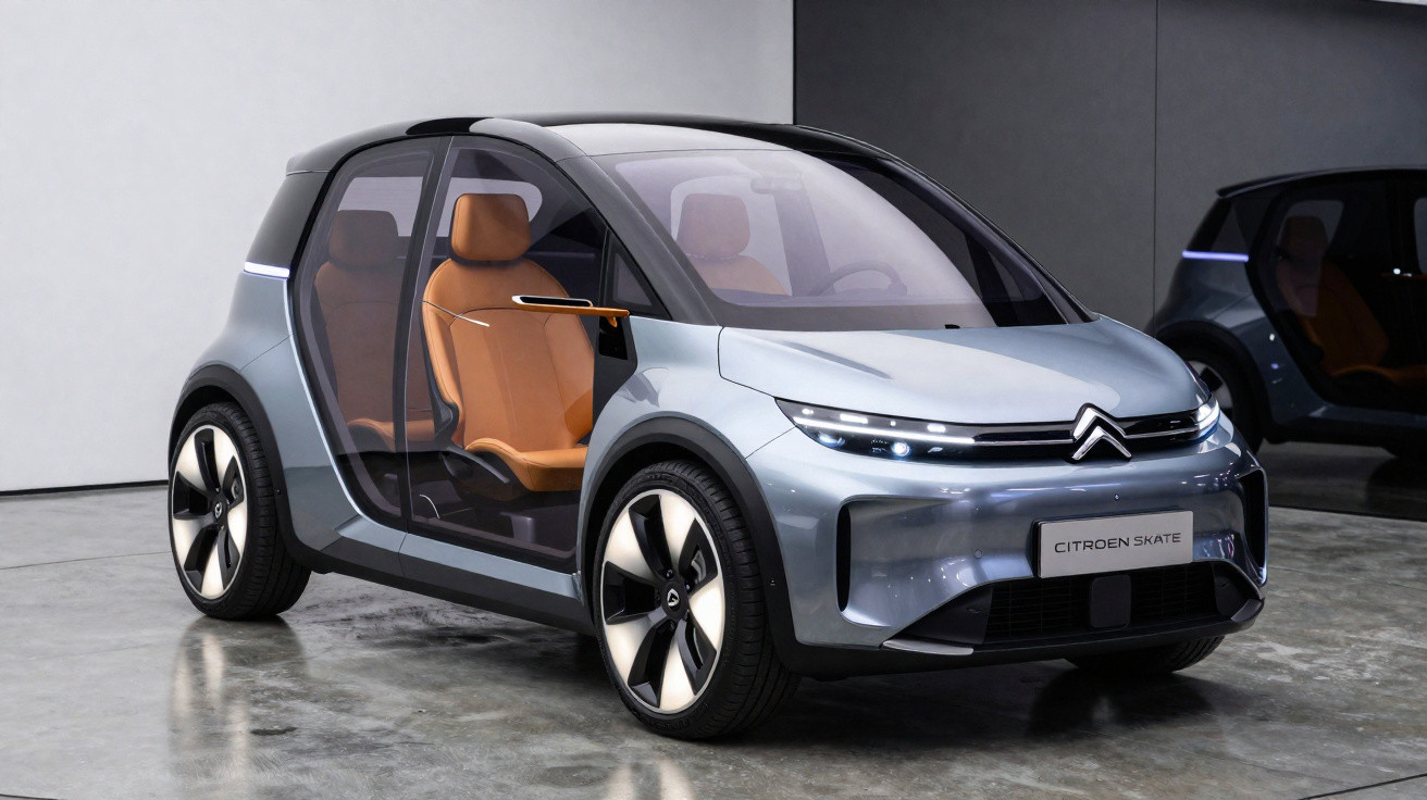 Silberner Citroën Skate Elektro-Stadtauto mit transparenter Tür und braunem Innenraum auf Ausstellungsfläche.