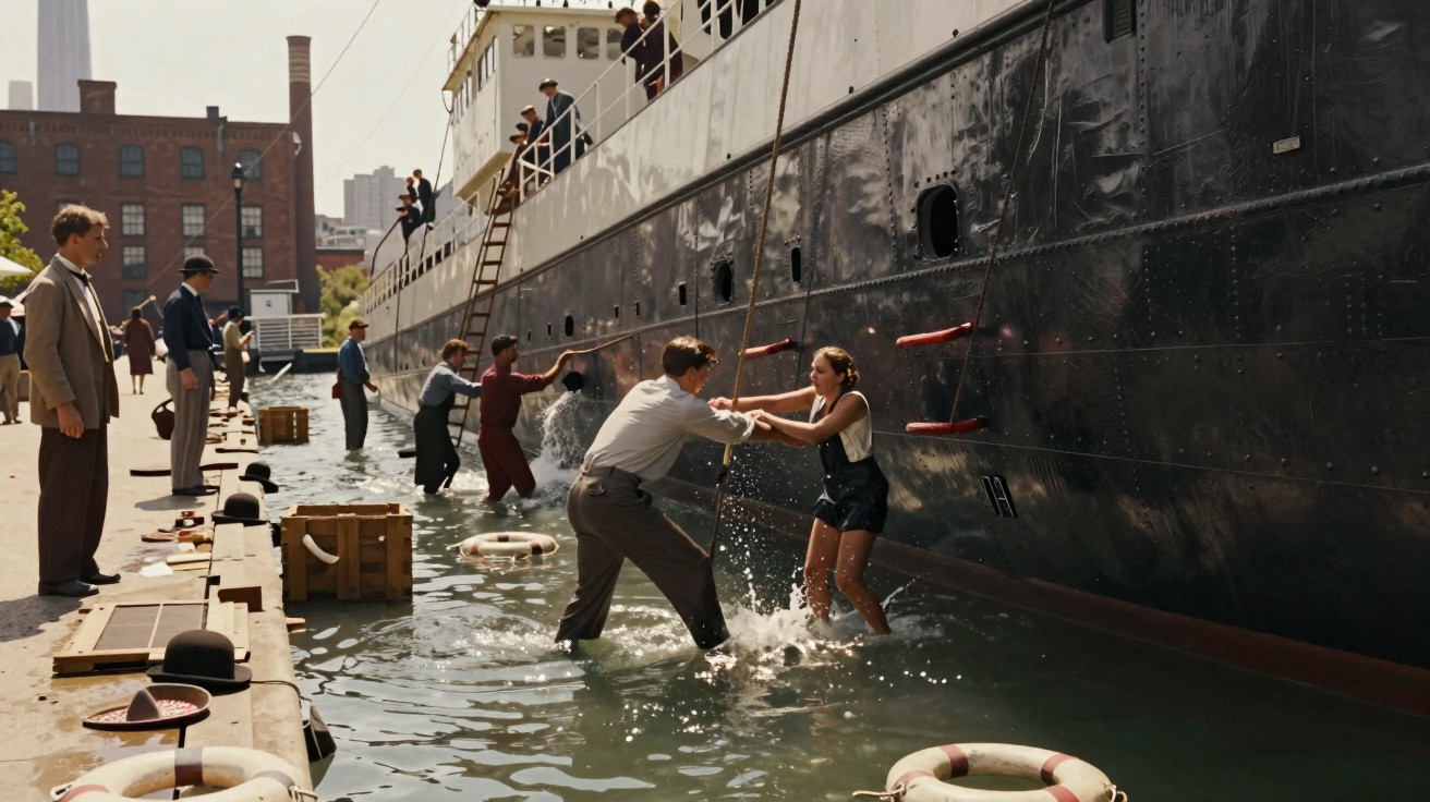 Menschen in historischer Kleidung helfen sich am Hafen beim Einsteigen in ein großes Schiff im Wasser.