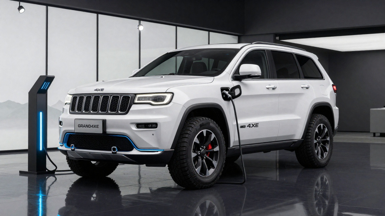 Weißer Elektro-SUV Jeep Grand 4xe lädt an einer modernen Ladestation in einem Showroom.