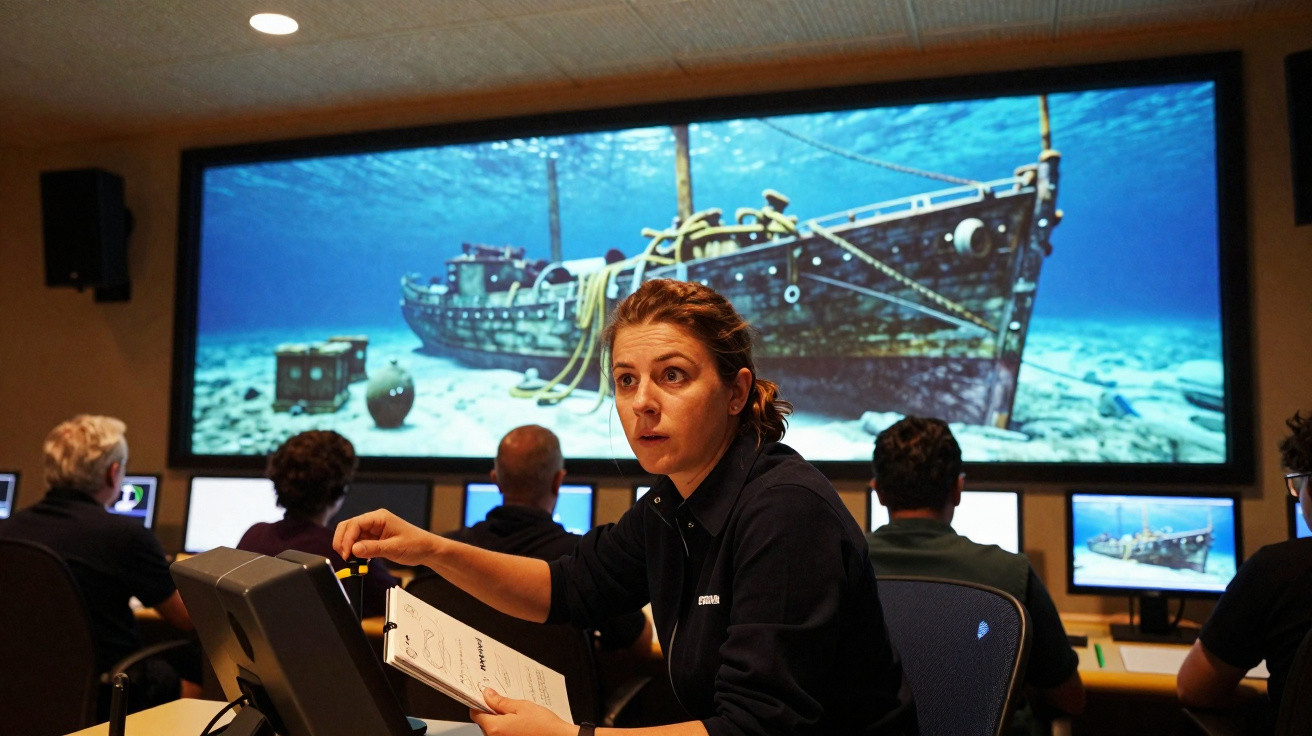 Frau erklärt in einem Raum mit mehreren Monitoren eine Unterwasseraufnahme eines gesunkenen Schiffes.
