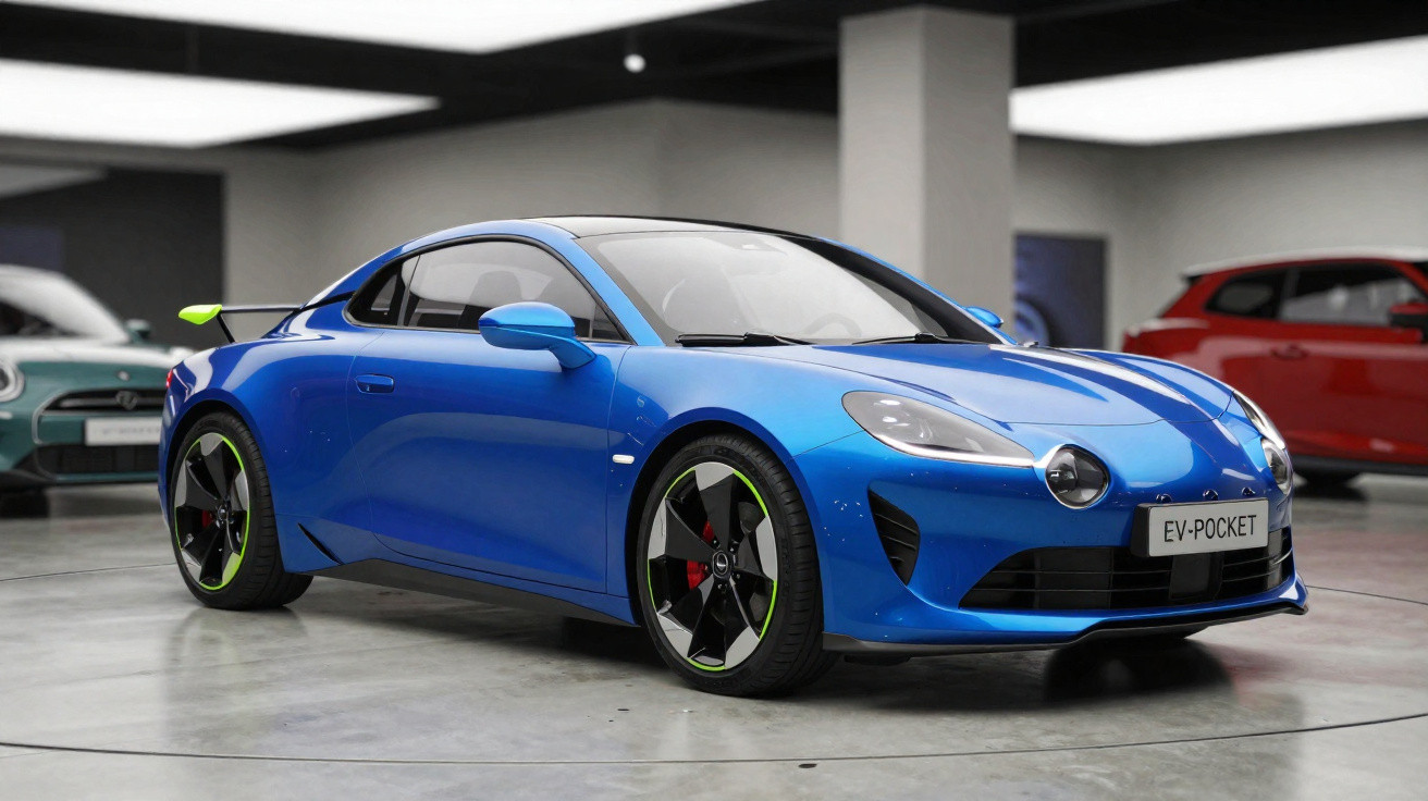 Blauer sportlicher Elektroauto-Prototyp mit grünem Akzent und auffälligem Scheinwerfer im Ausstellungsraum.